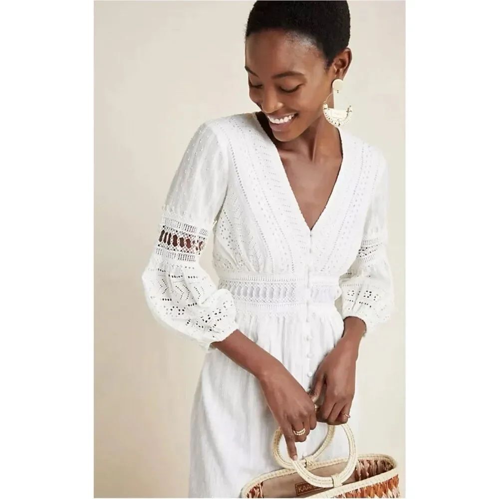 Anthropologie Ebba White Eyelet Midi Dress Size 0 - Picture 3 of 8